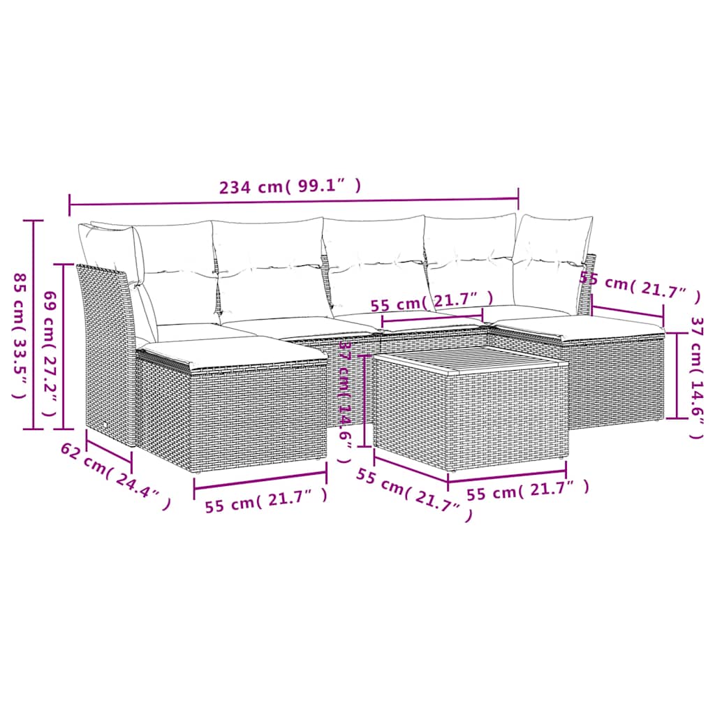 Ensemble de canapé de jardin 7 pcs avec coussins gris résine tressée