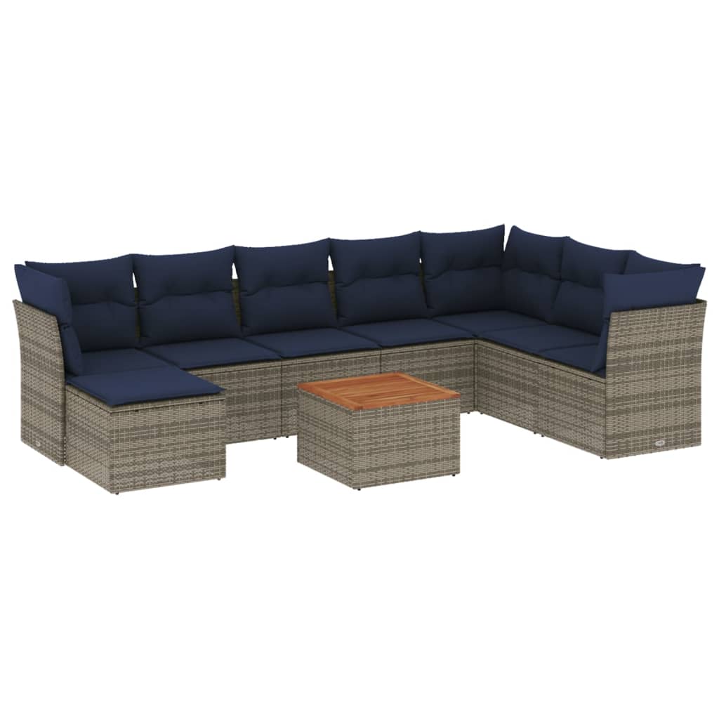 Ensemble de canapé de jardin 9 pcs avec coussins gris résine tressée