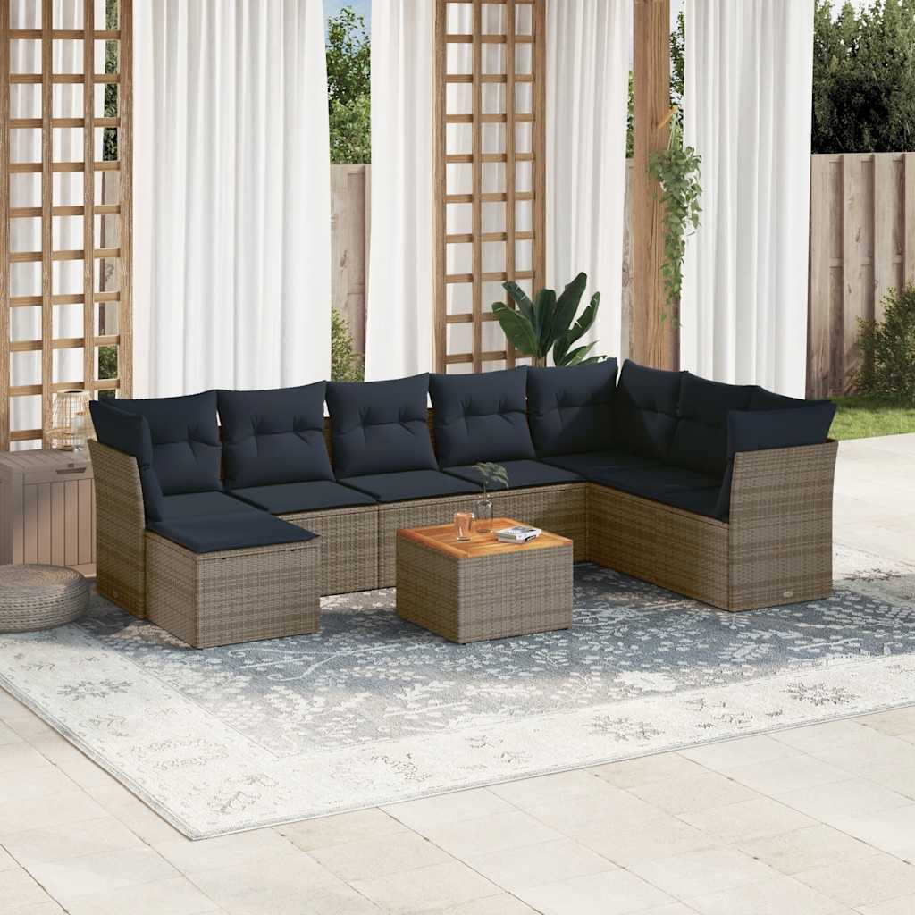 Ensemble de canapé de jardin 9 pcs avec coussins gris résine tressée