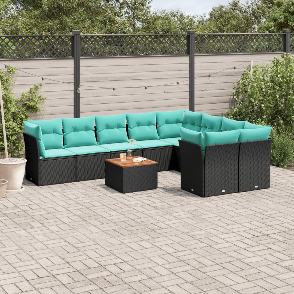 Salon de jardin 10 pcs avec coussins noir résine tressée
