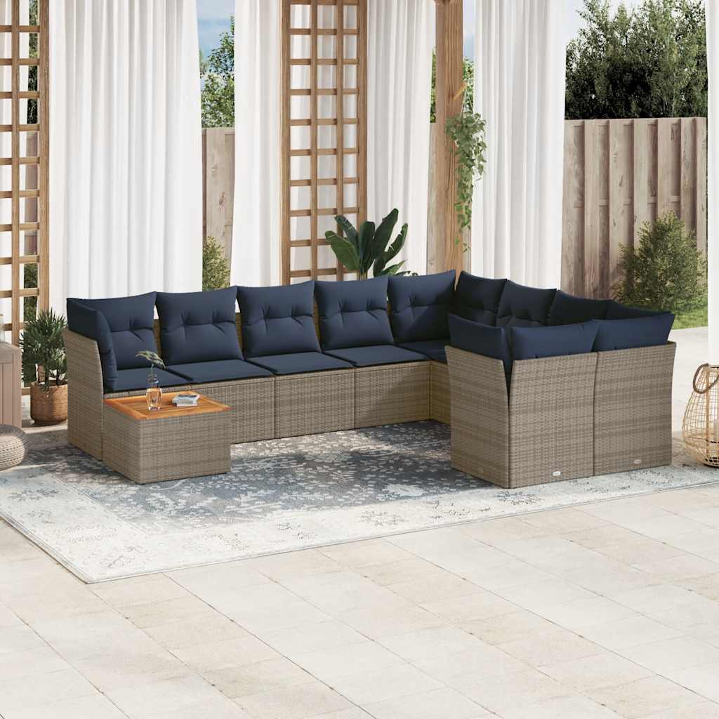 Salon de jardin 10 pcs avec coussins gris résine tressée