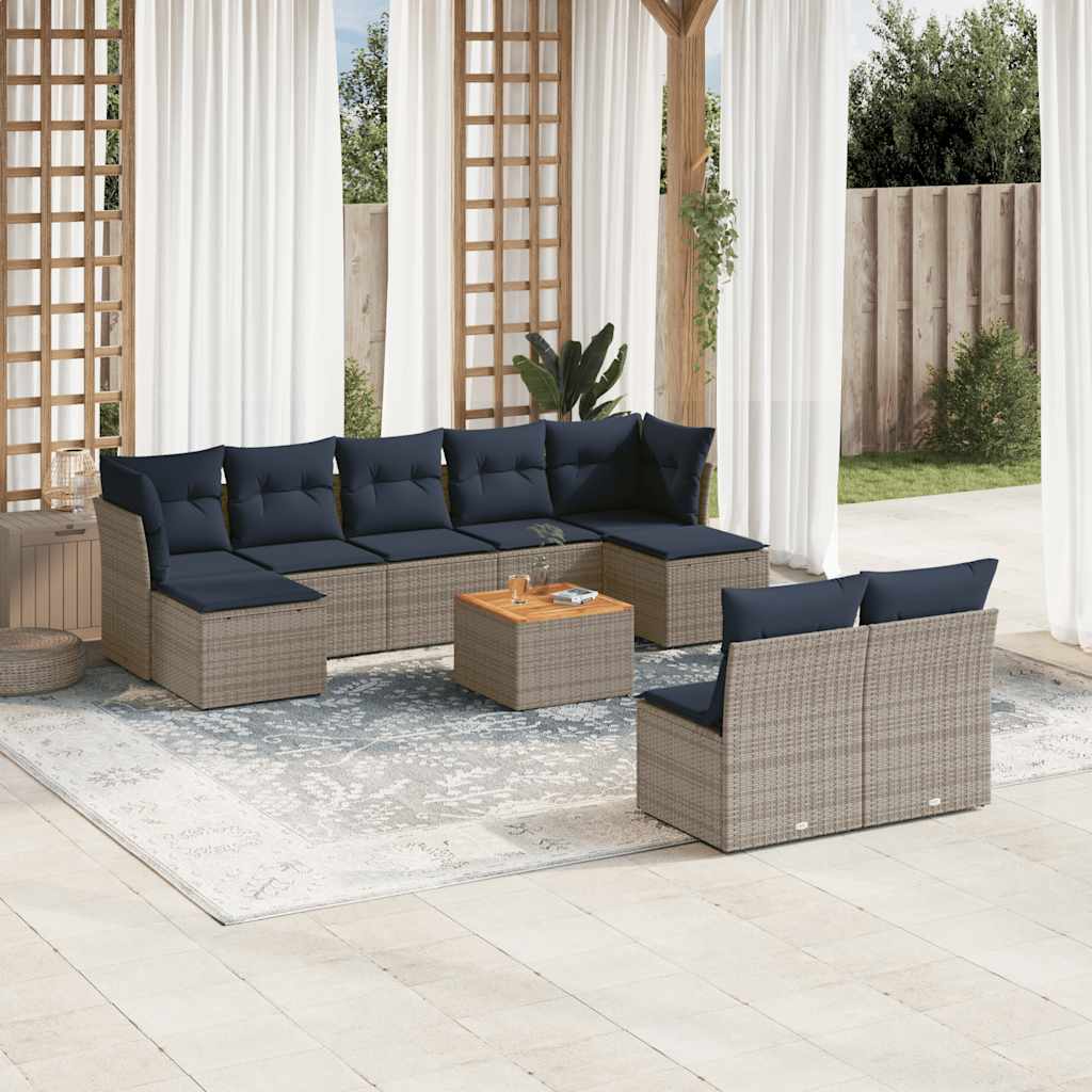 Ensemble de canapé de jardin 10 pcs avec coussins gris résine tressée