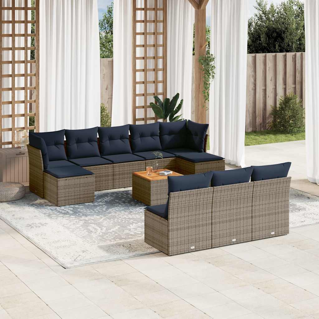 Ensemble de canapé de jardin 11 pcs avec coussins gris résine tressée