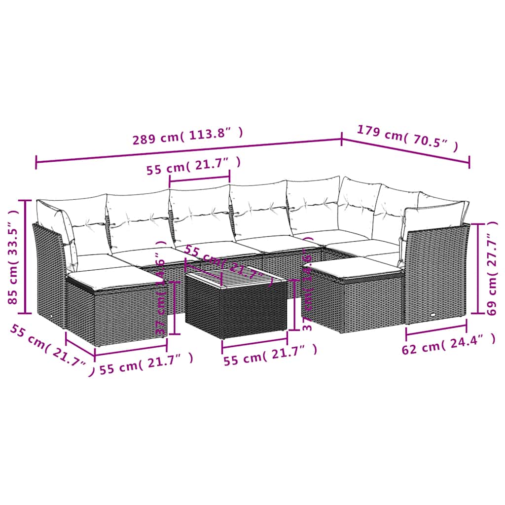 Ensemble de canapé de jardin 10 pcs avec coussins gris résine tressée