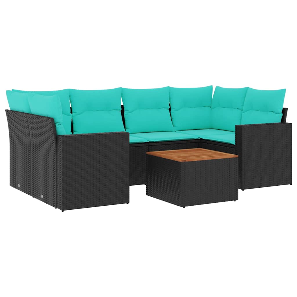 Salon de jardin 7 pcs avec coussins noir résine tressée