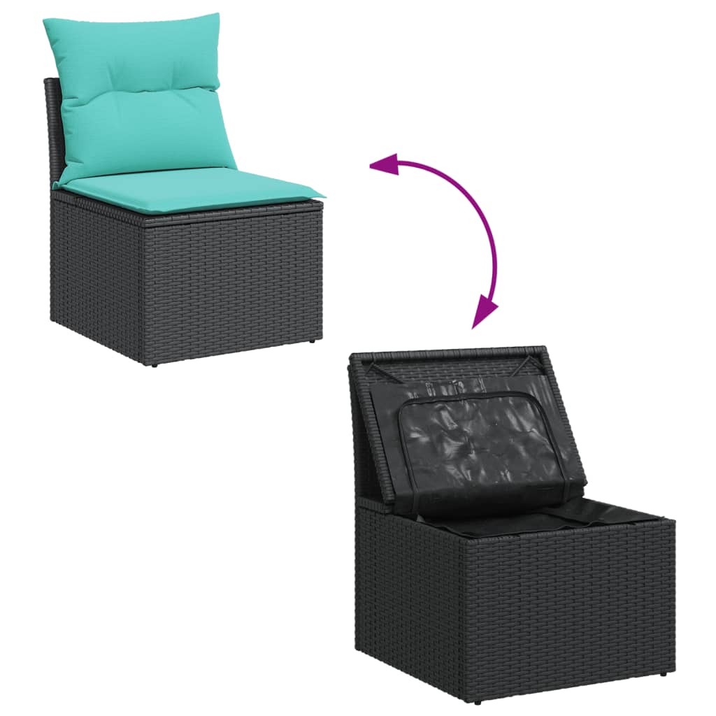 Salon de jardin 9 pcs avec coussins noir résine tressée