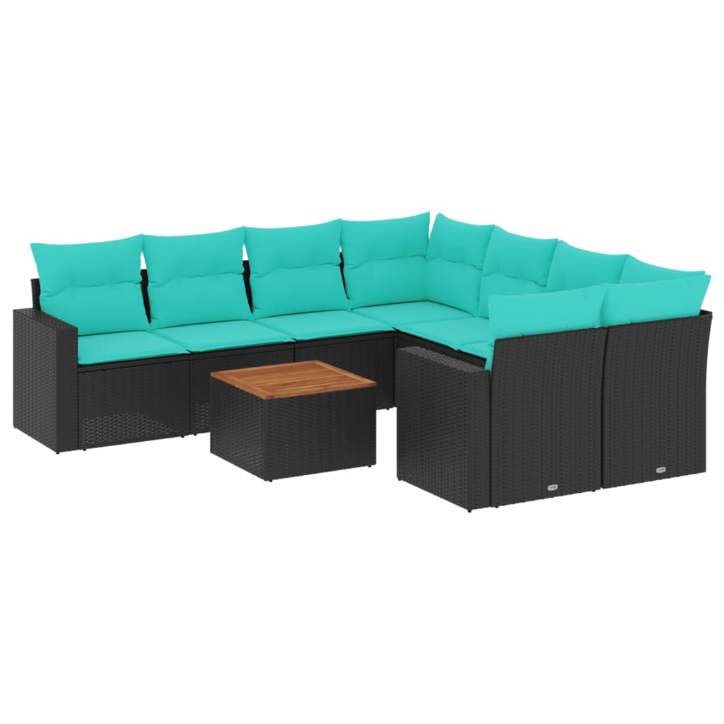 Salon de jardin 9 pcs avec coussins noir résine tressée