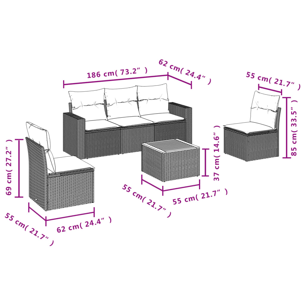 Salon de jardin avec coussins 6pcs mélange beige résine tressée