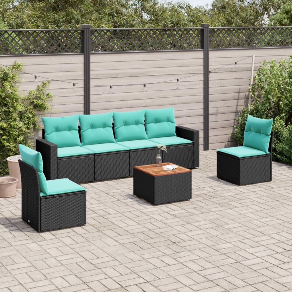 Salon de jardin 7 pcs avec coussins noir résine tressée