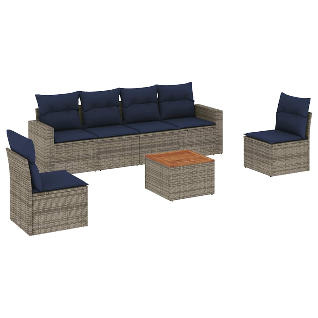 Salon de jardin 7 pcs avec coussins gris résine tressée