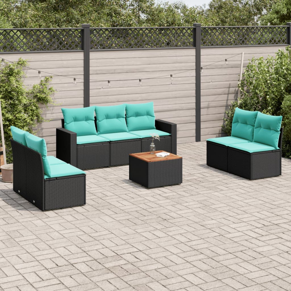 Salon de jardin 8 pcs avec coussins noir résine tressée