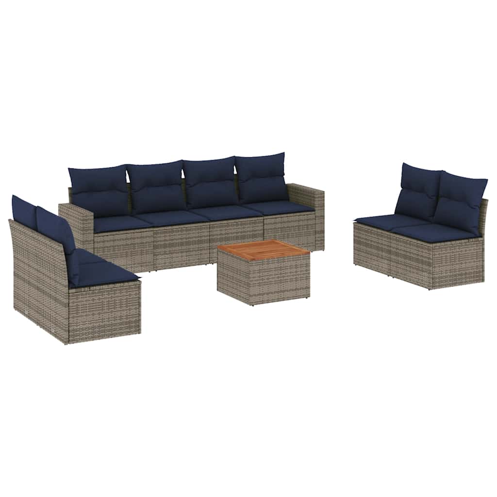 Salon de jardin 9 pcs avec coussins gris résine tressée