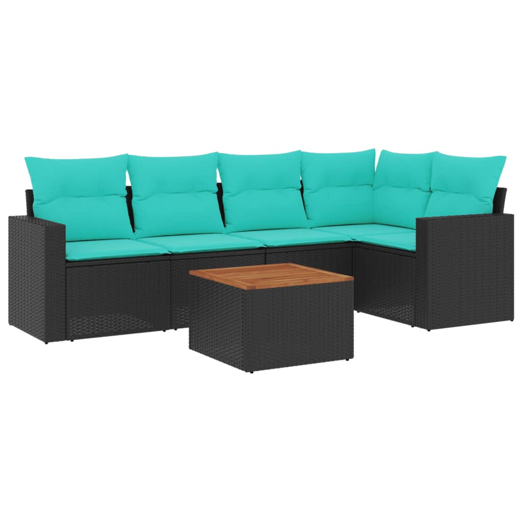 Salon de jardin 6 pcs avec coussins noir résine tressée
