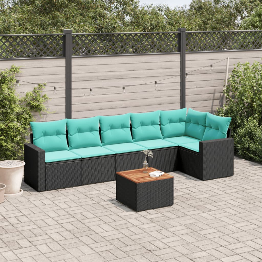Salon de jardin 7 pcs avec coussins noir résine tressée