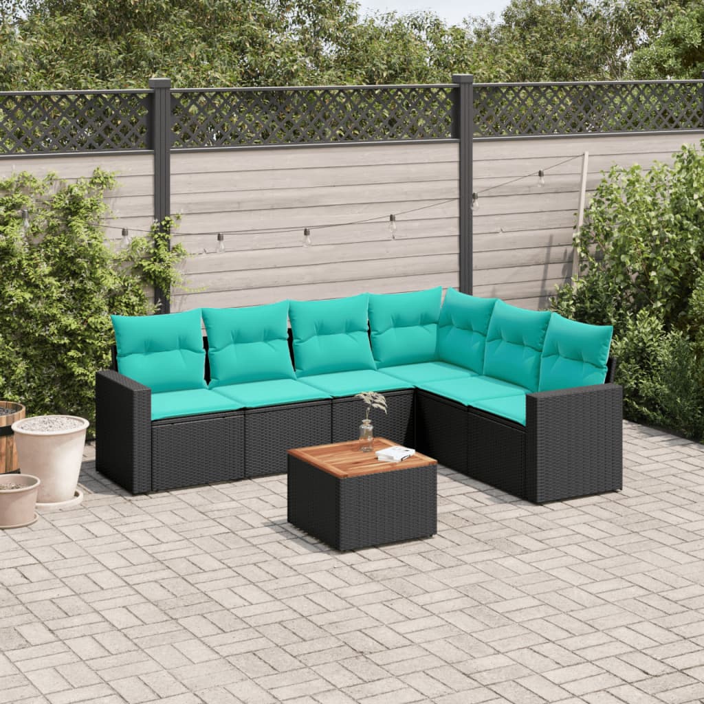 Salon de jardin 7 pcs avec coussins noir résine tressée