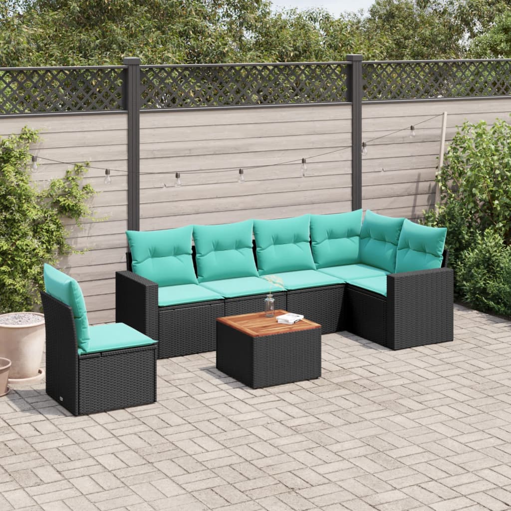 Salon de jardin 7 pcs avec coussins noir résine tressée