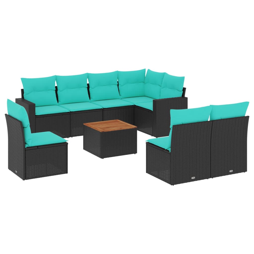 Salon de jardin 9 pcs avec coussins noir résine tressée