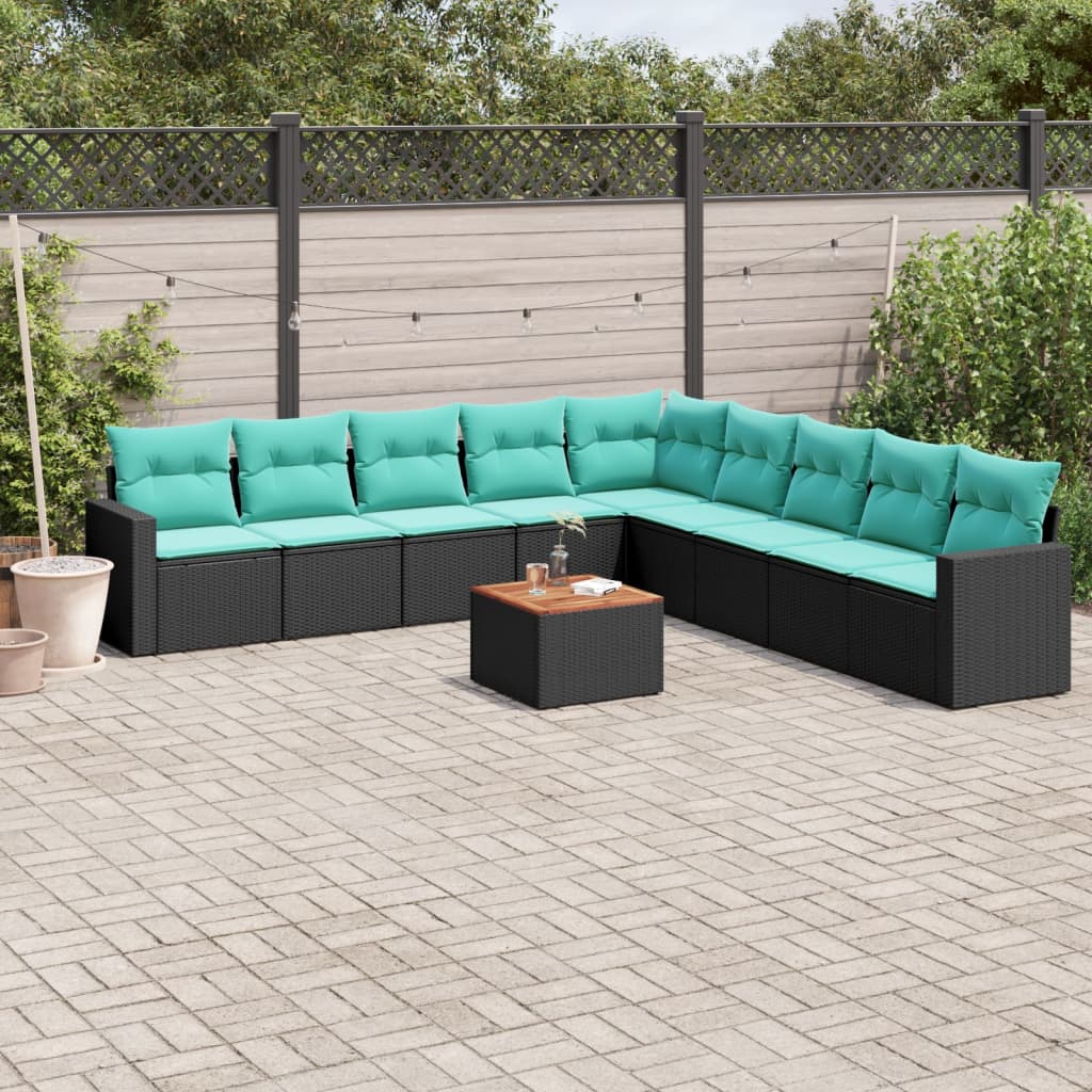 Salon de jardin 10 pcs avec coussins noir résine tressée