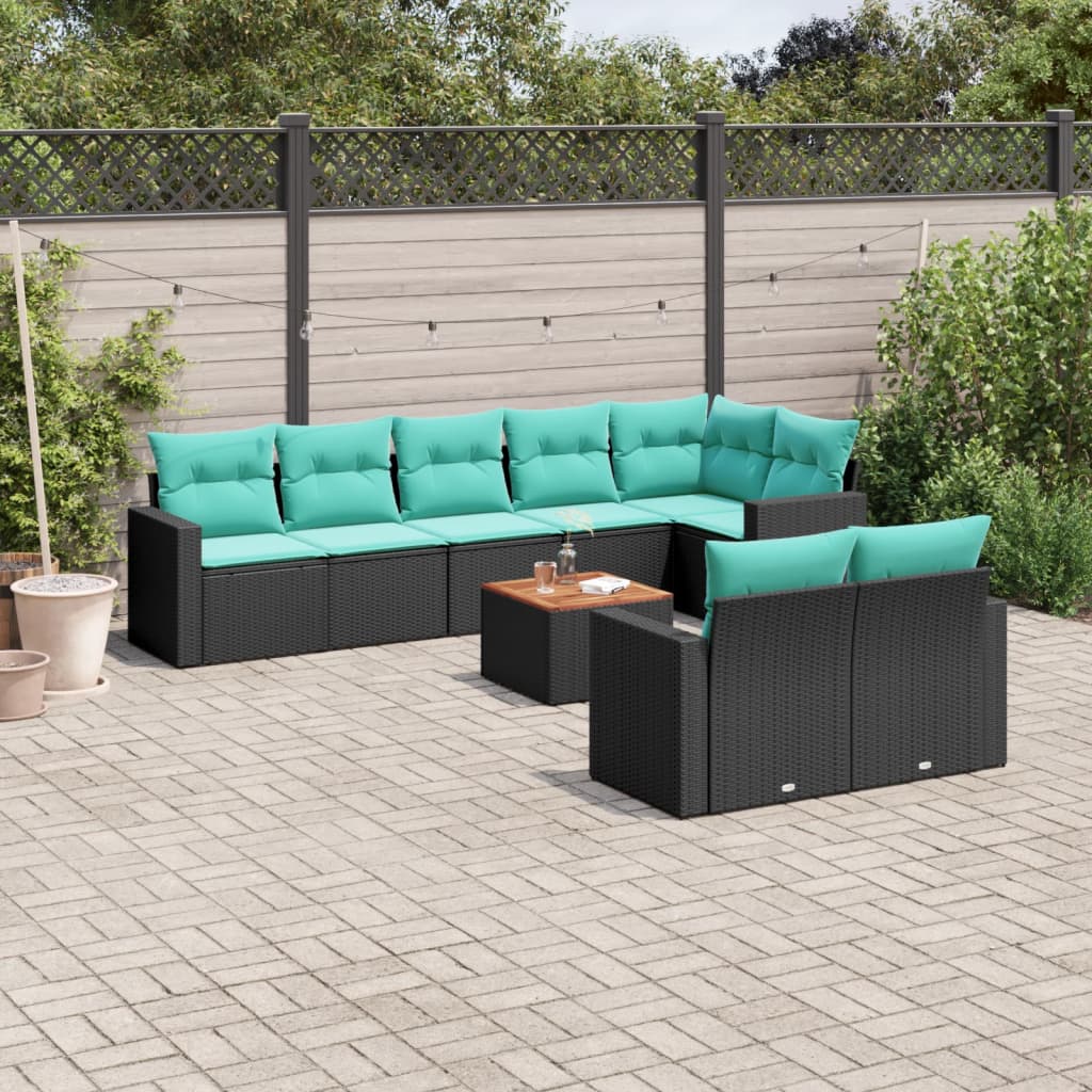 Salon de jardin 9 pcs avec coussins noir résine tressée