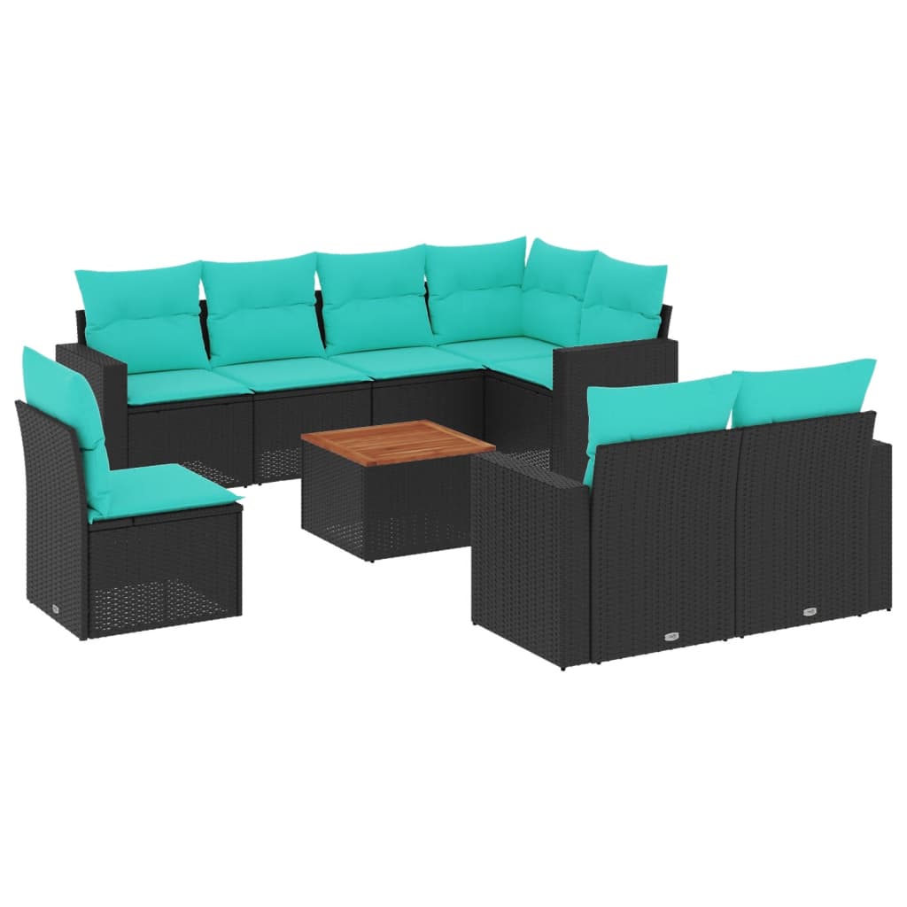 Salon de jardin 9 pcs avec coussins noir résine tressée