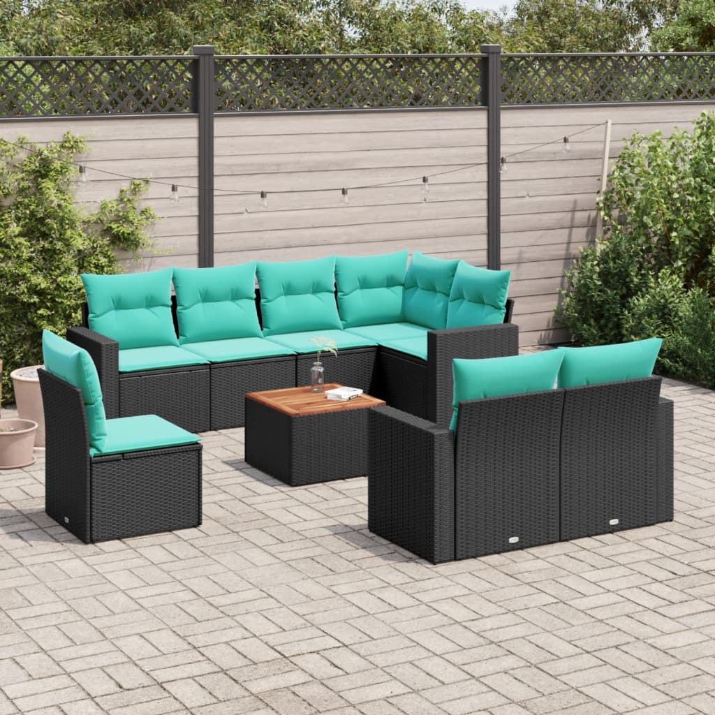 Salon de jardin 9 pcs avec coussins noir résine tressée