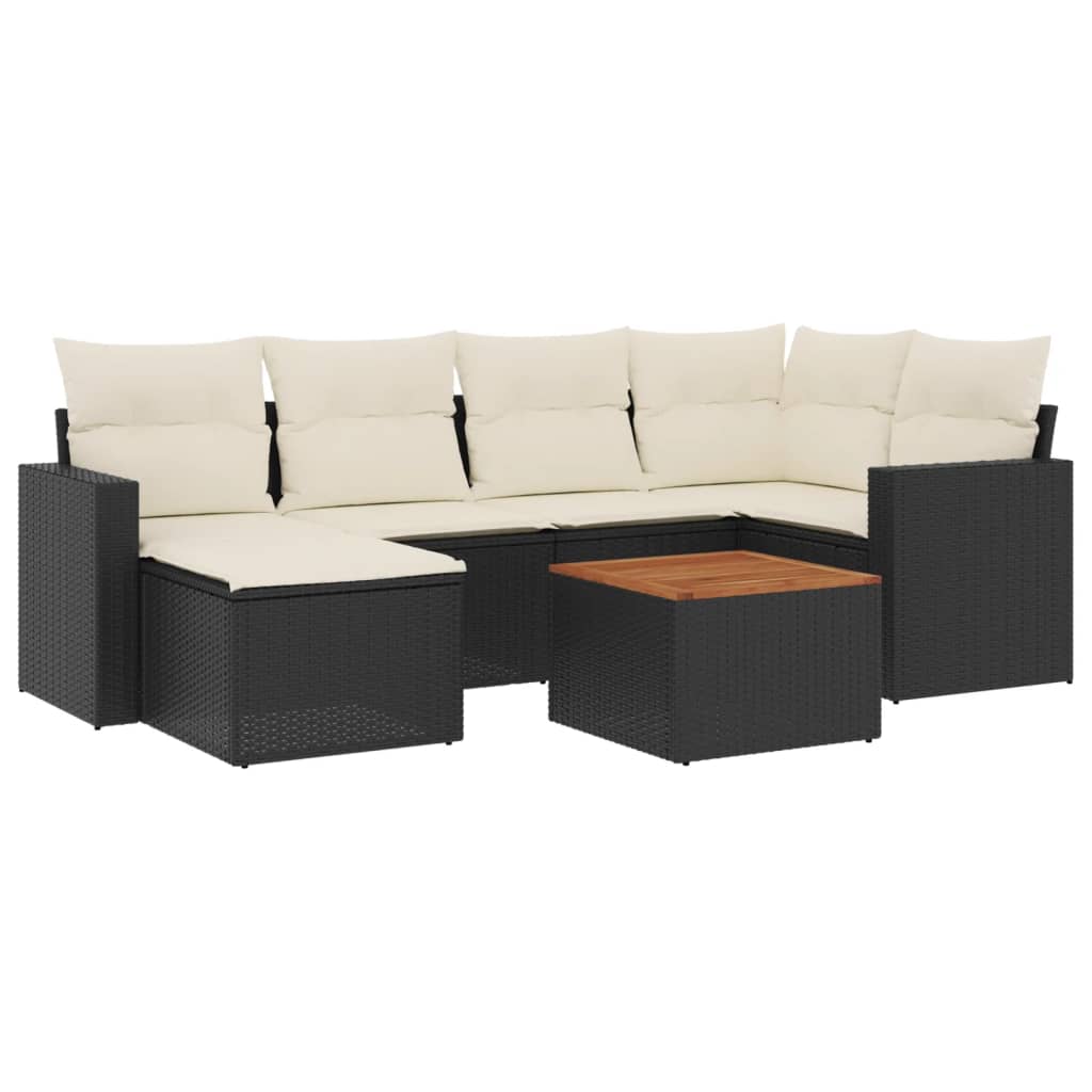 Salon de jardin 7 pcs avec coussins noir résine tressée