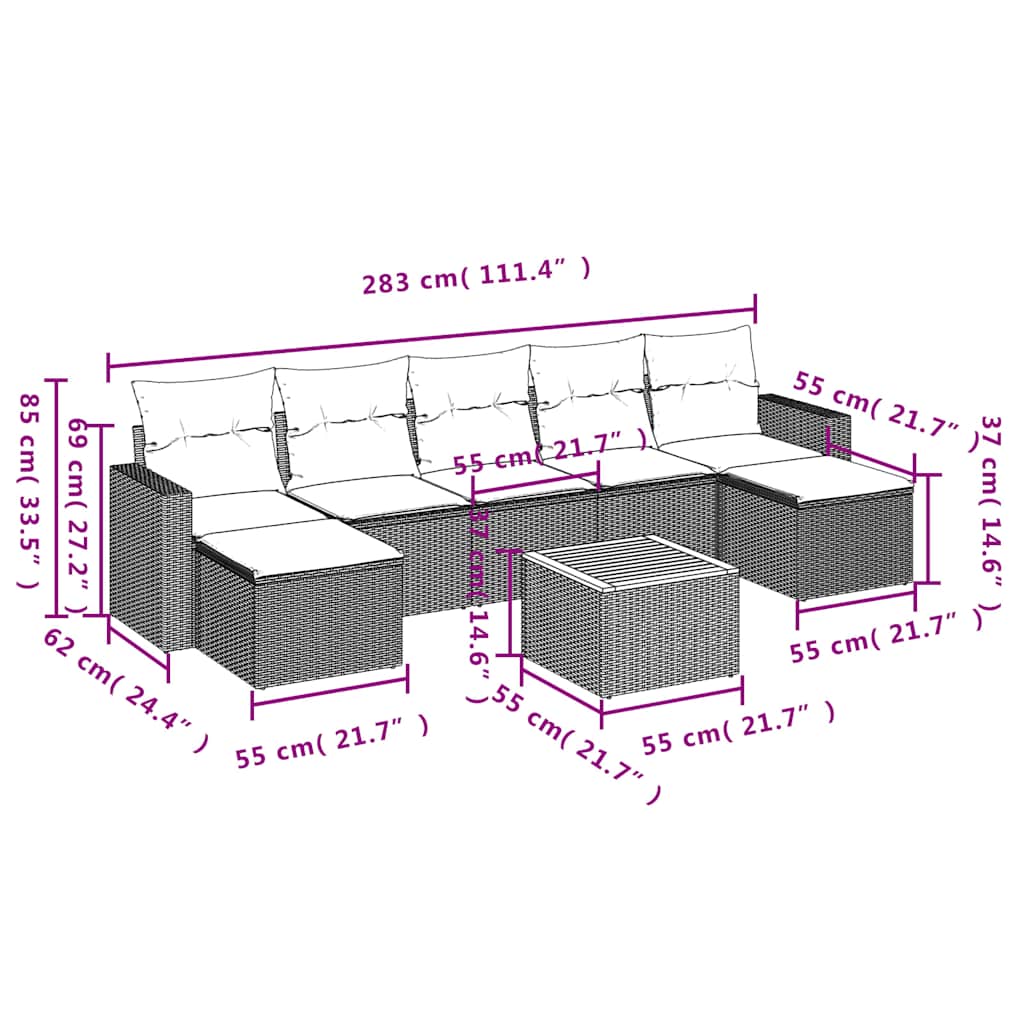Ensemble de canapé de jardin 8 pcs avec coussins gris résine tressée