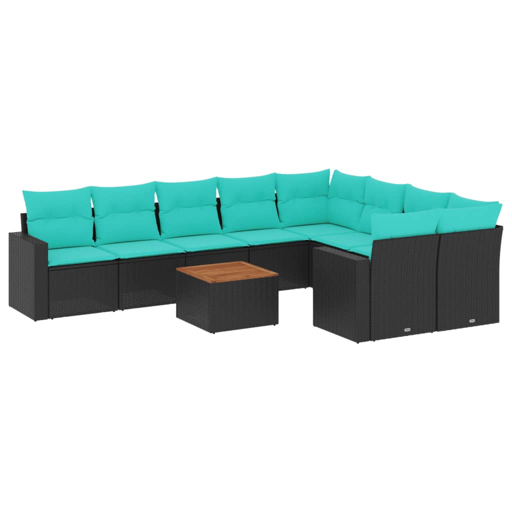 Salon de jardin 10 pcs avec coussins noir résine tressée