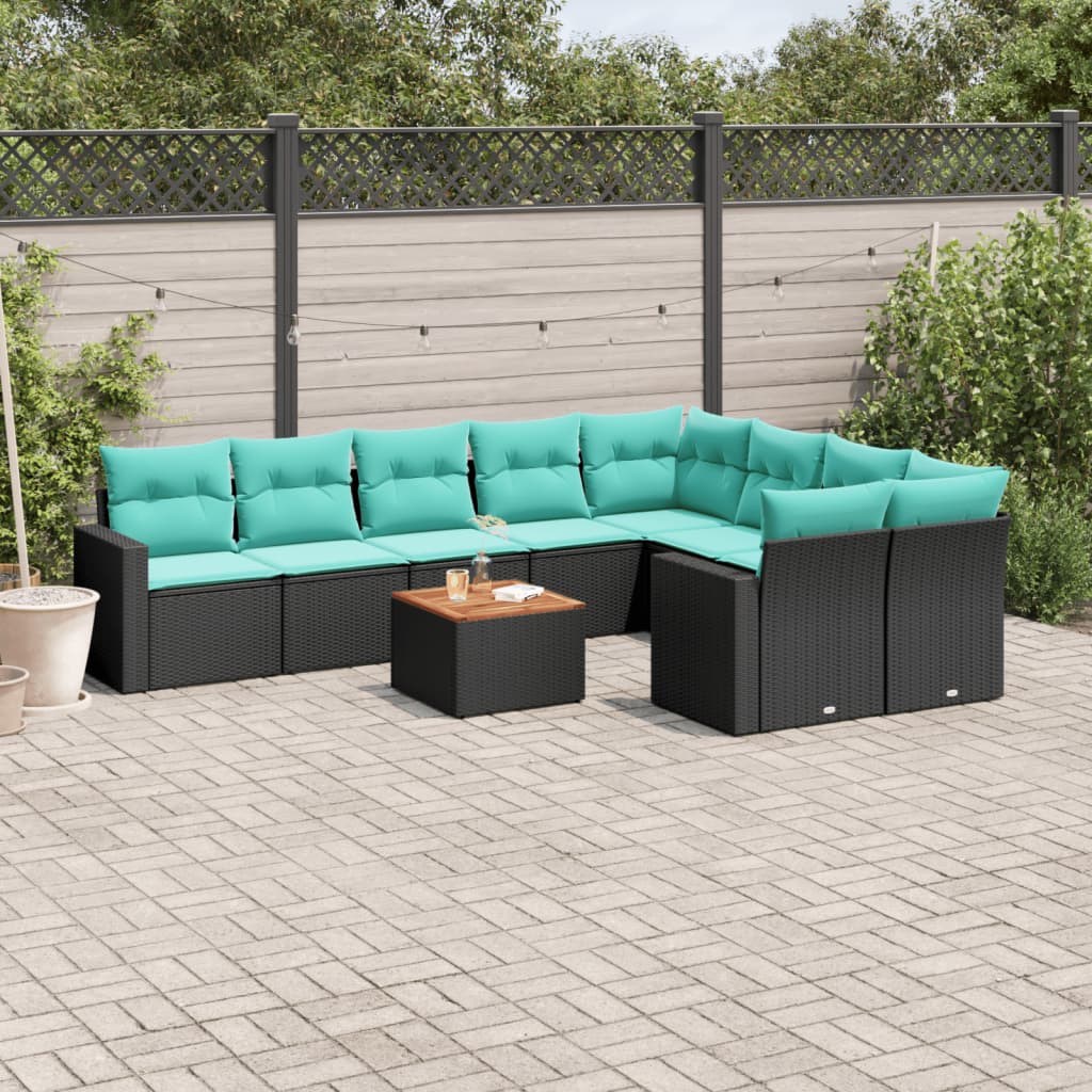 Salon de jardin 10 pcs avec coussins noir résine tressée
