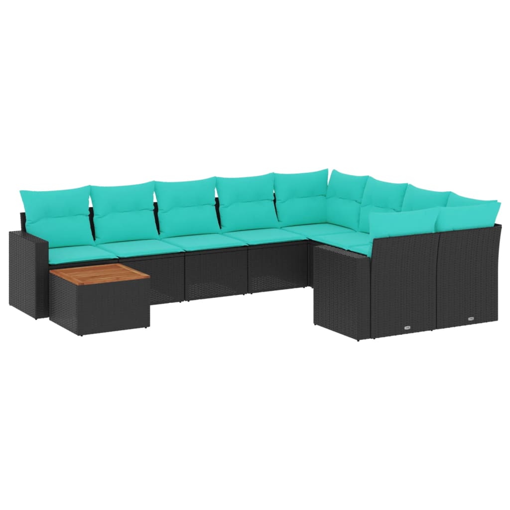 Salon de jardin 10 pcs avec coussins noir résine tressée