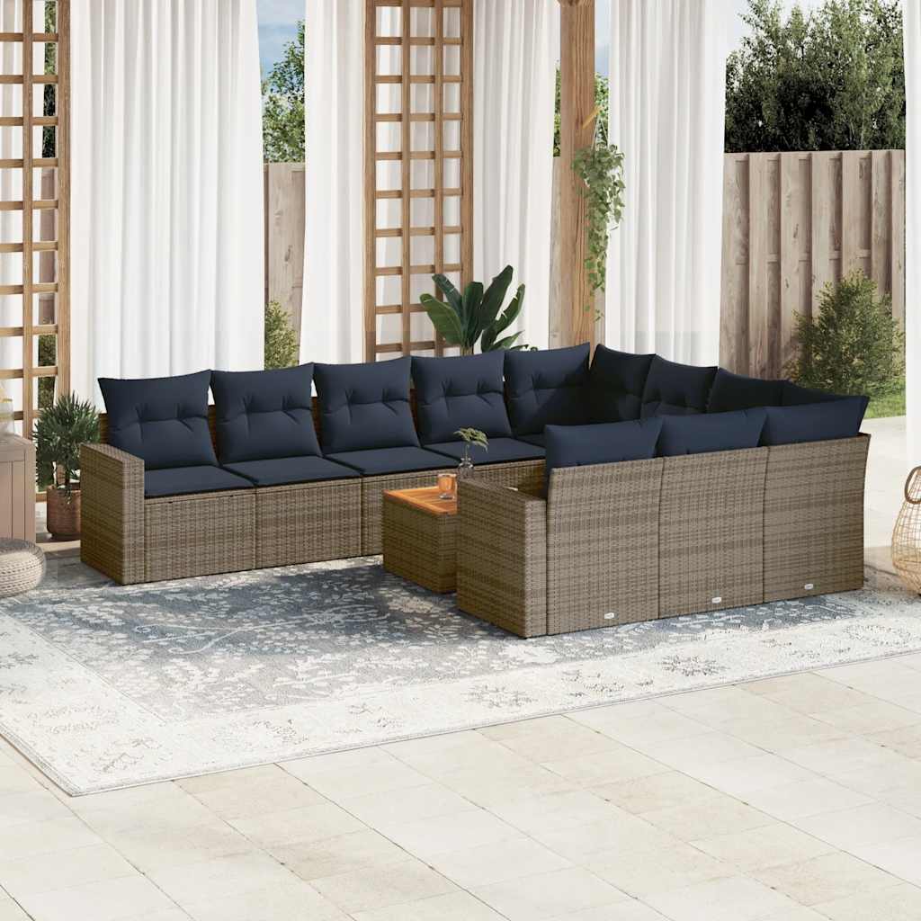 Salon de jardin 11 pcs avec coussins gris résine tressée