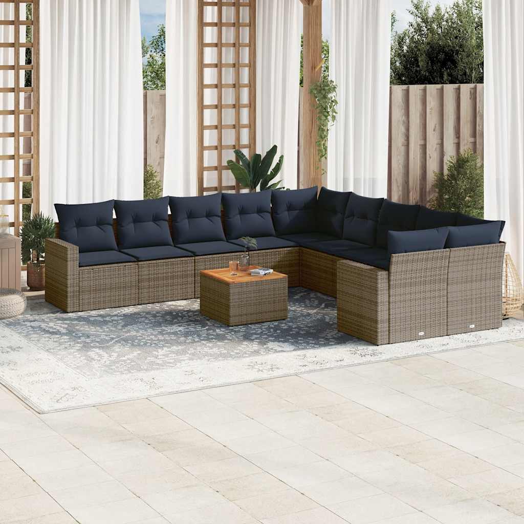 Salon de jardin 11 pcs avec coussins gris résine tressée
