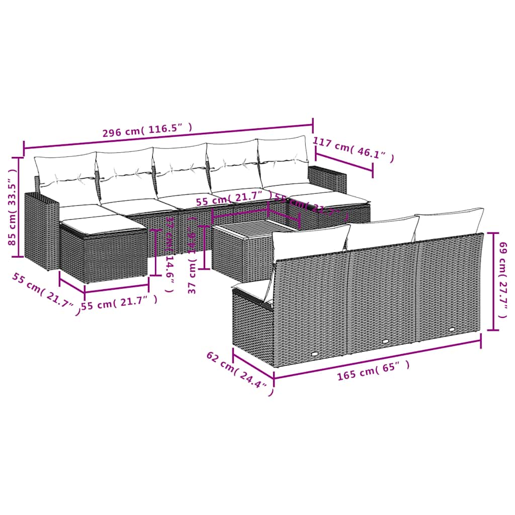 Ensemble de canapé de jardin 11 pcs avec coussins gris résine tressée