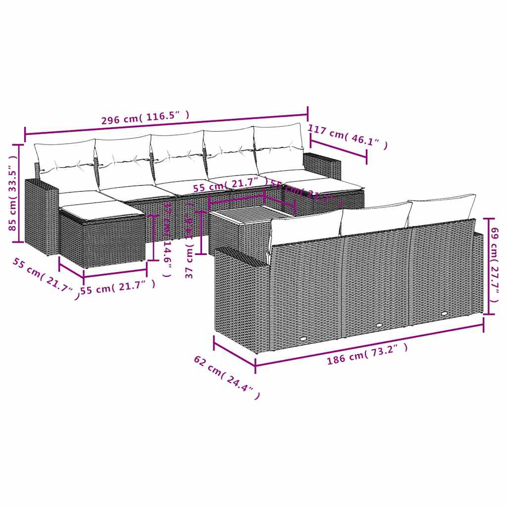Ensemble de canapé de jardin 11 pcs avec coussins gris résine tressée