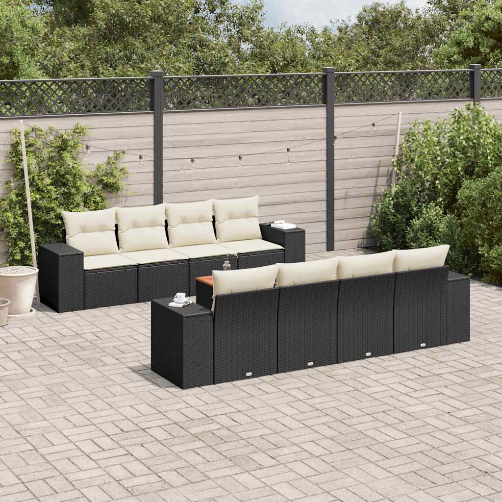 Salon de jardin 9 pcs avec coussins noir résine tressée