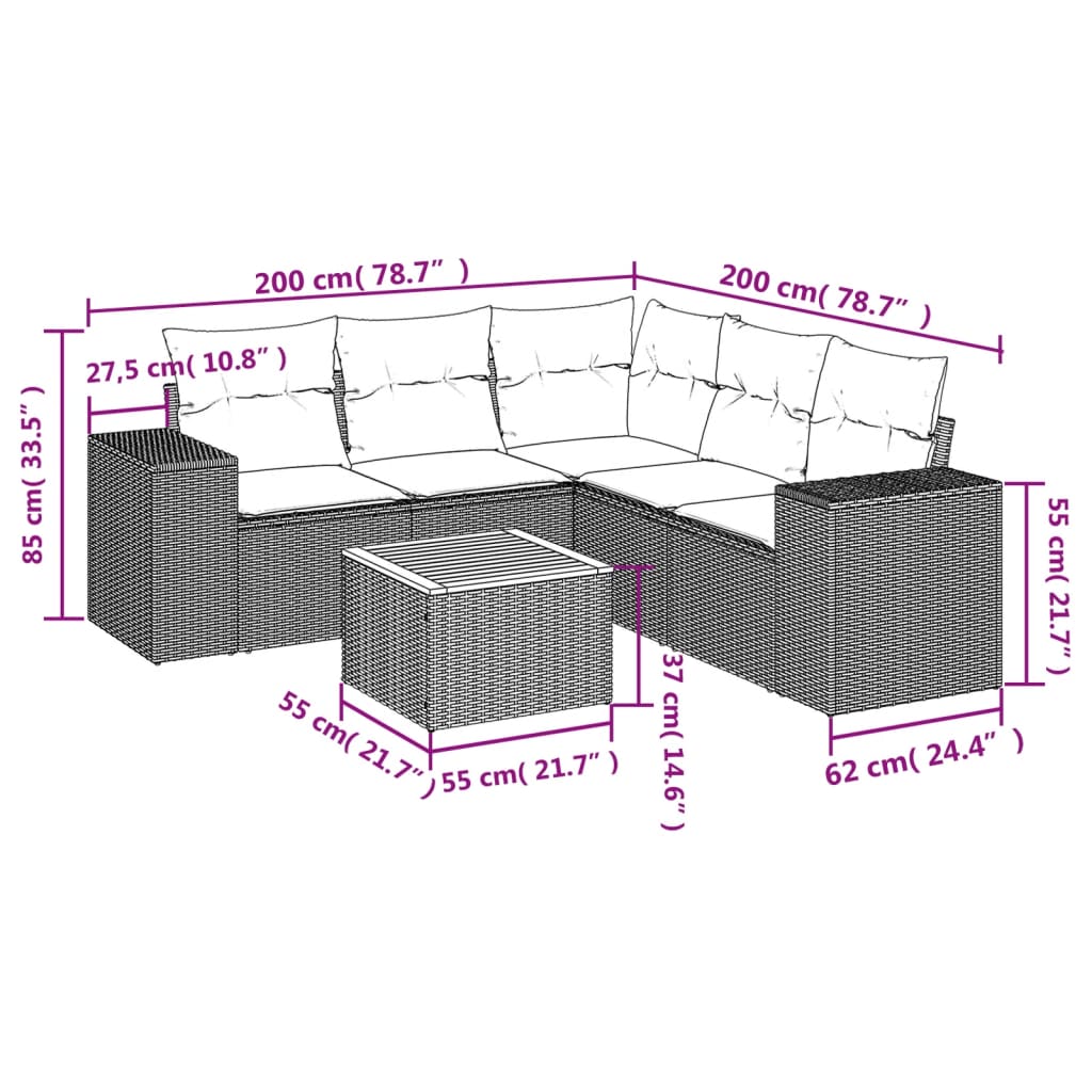 Salon de jardin 6 pcs avec coussins gris résine tressée