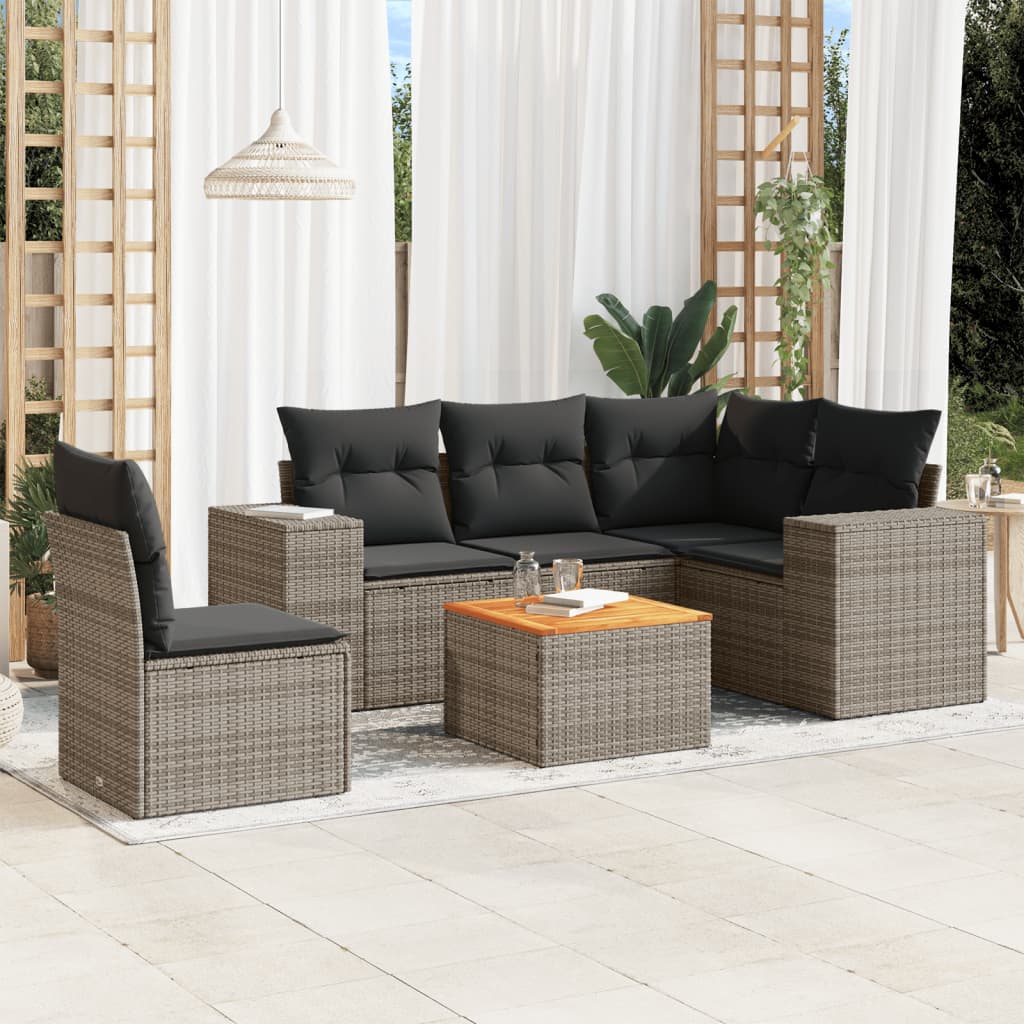 Salon de jardin 6 pcs avec coussins gris résine tressée