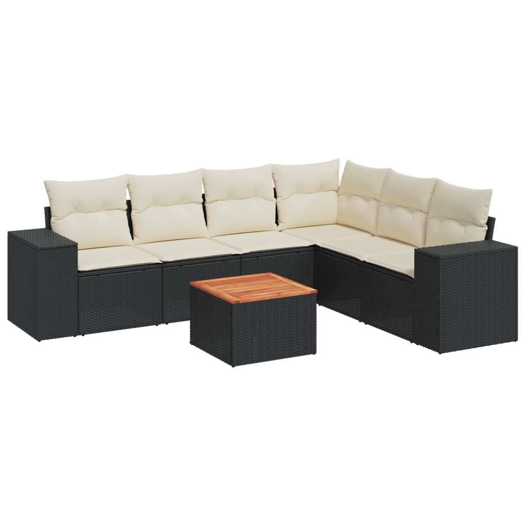 Salon de jardin 7 pcs avec coussins noir résine tressée