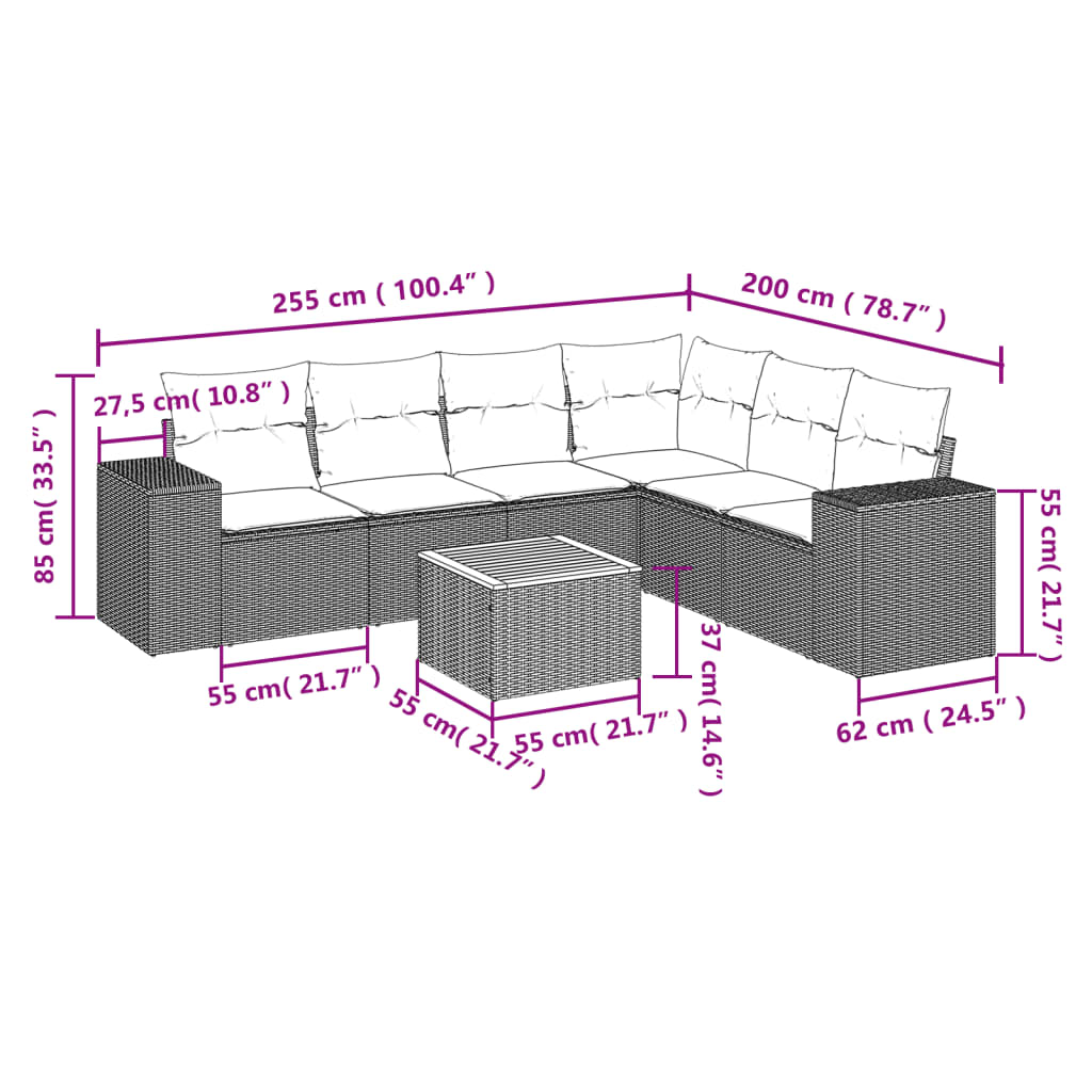 Salon de jardin avec coussins 7 pcs gris résine tressée