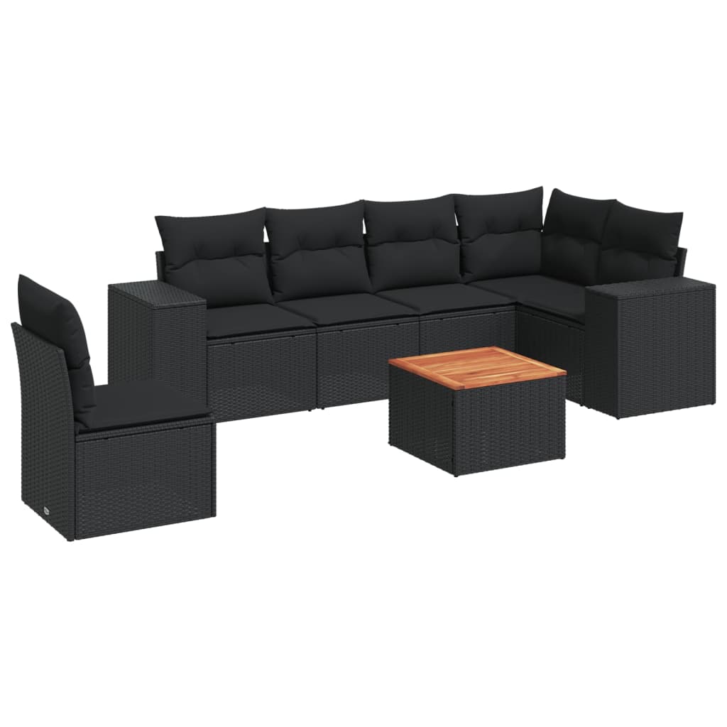 Salon de jardin 7 pcs avec coussins noir résine tressée