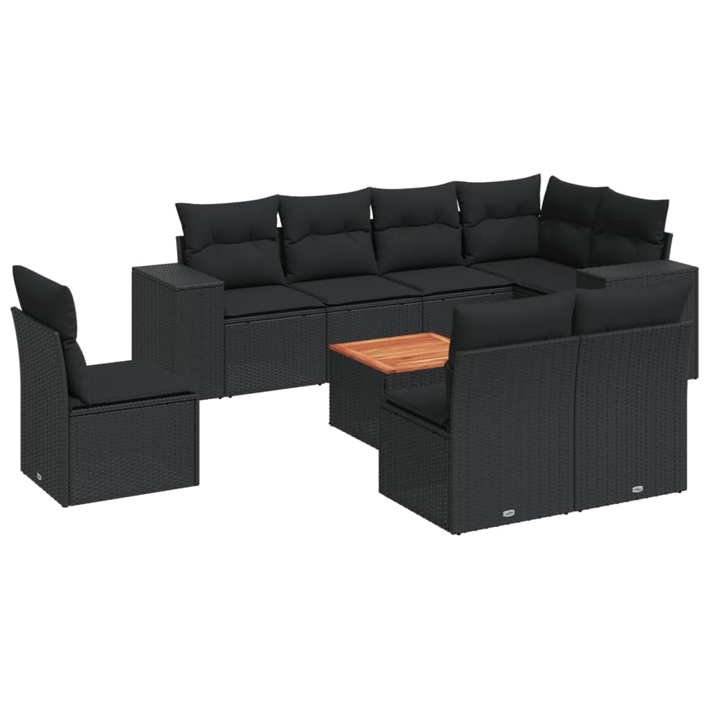 Salon de jardin 9 pcs avec coussins noir résine tressée