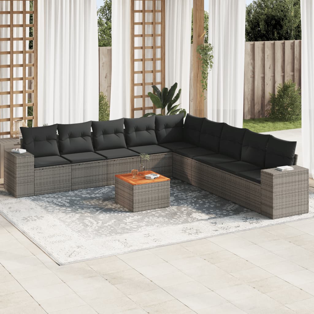 Salon de jardin avec coussins 10 pcs gris résine tressée