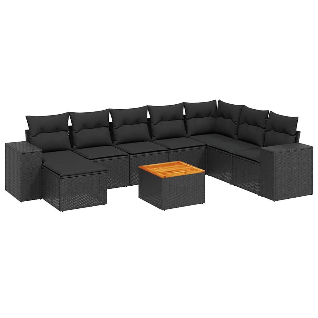 Salon de jardin 9 pcs avec coussins noir résine tressée