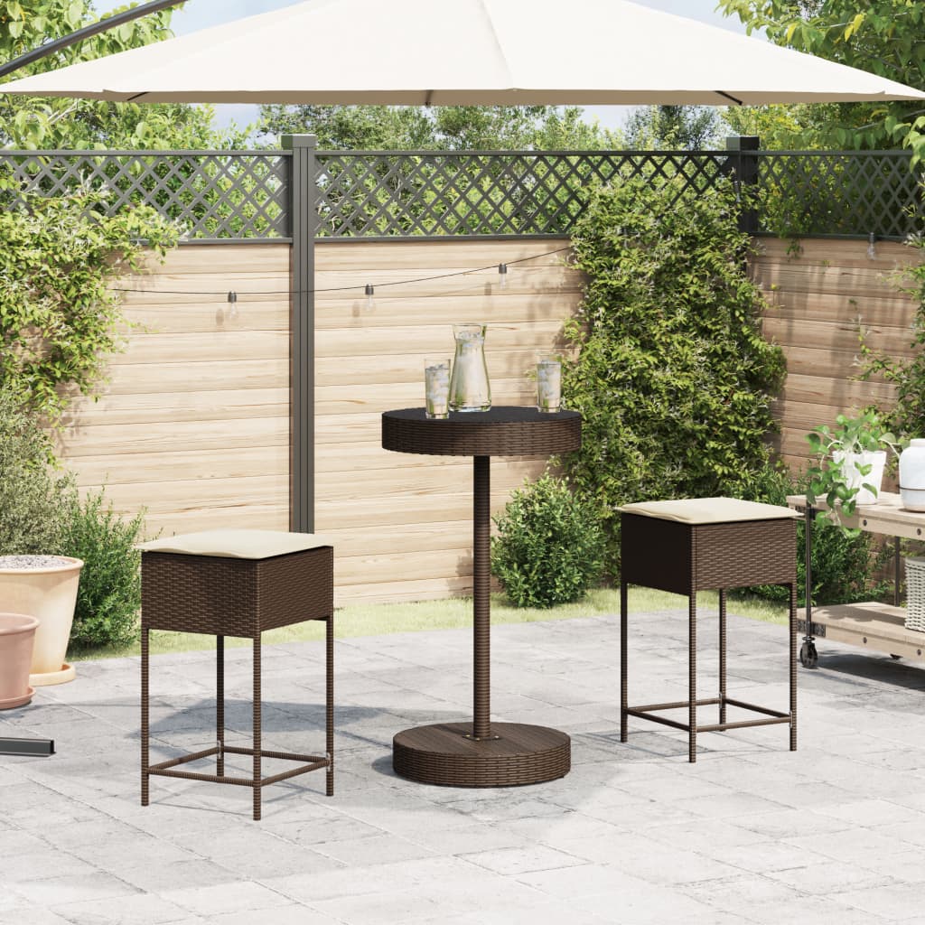 Ensemble de bar de jardin 3 pcs et coussins brun résine tressée