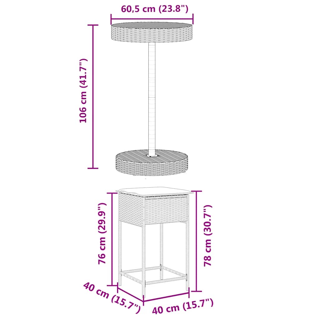 Ensemble de bar de jardin 3 pcs avec coussins noir poly rotin
