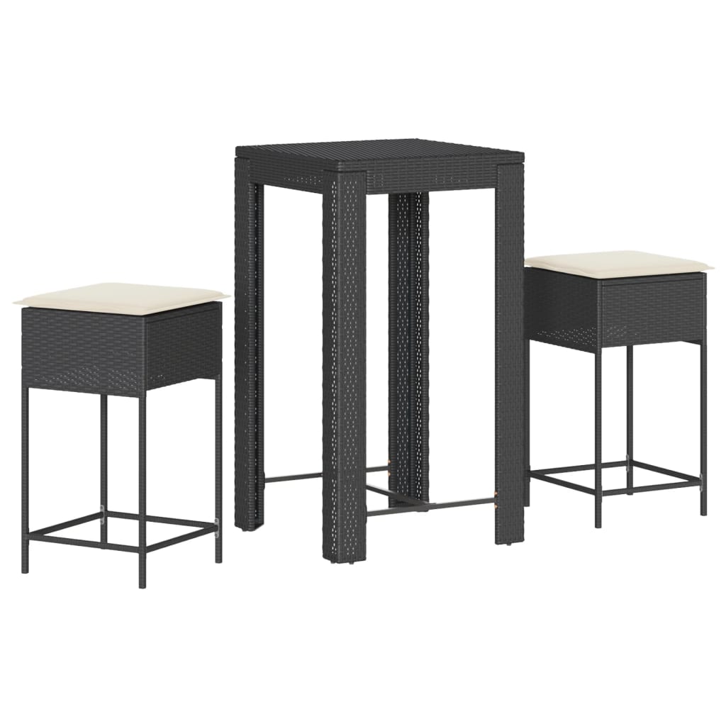Ensemble de bar de jardin 3 pcs avec coussins noir poly rotin
