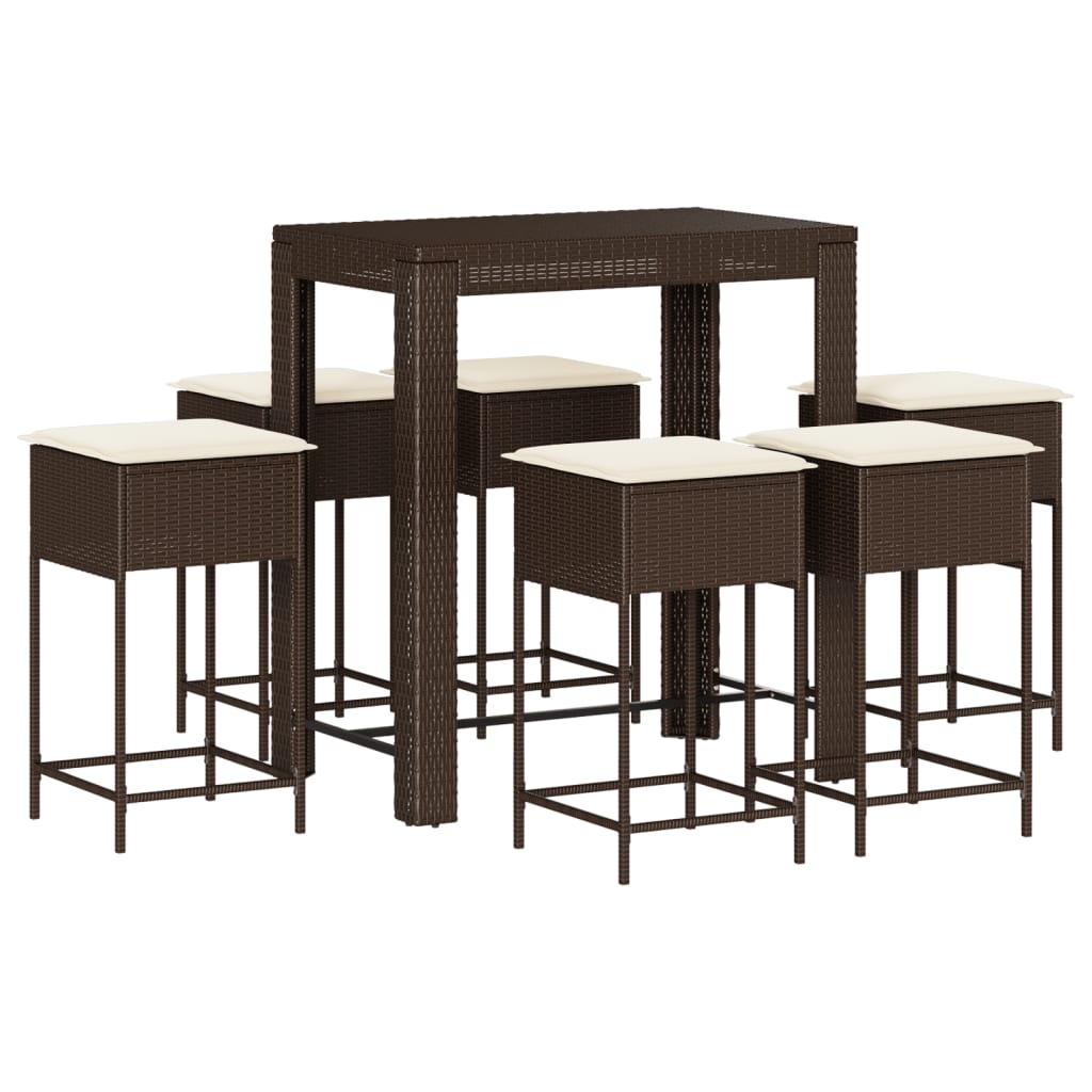 Ensemble de bar de jardin avec coussins 7 pcs marron poly rotin