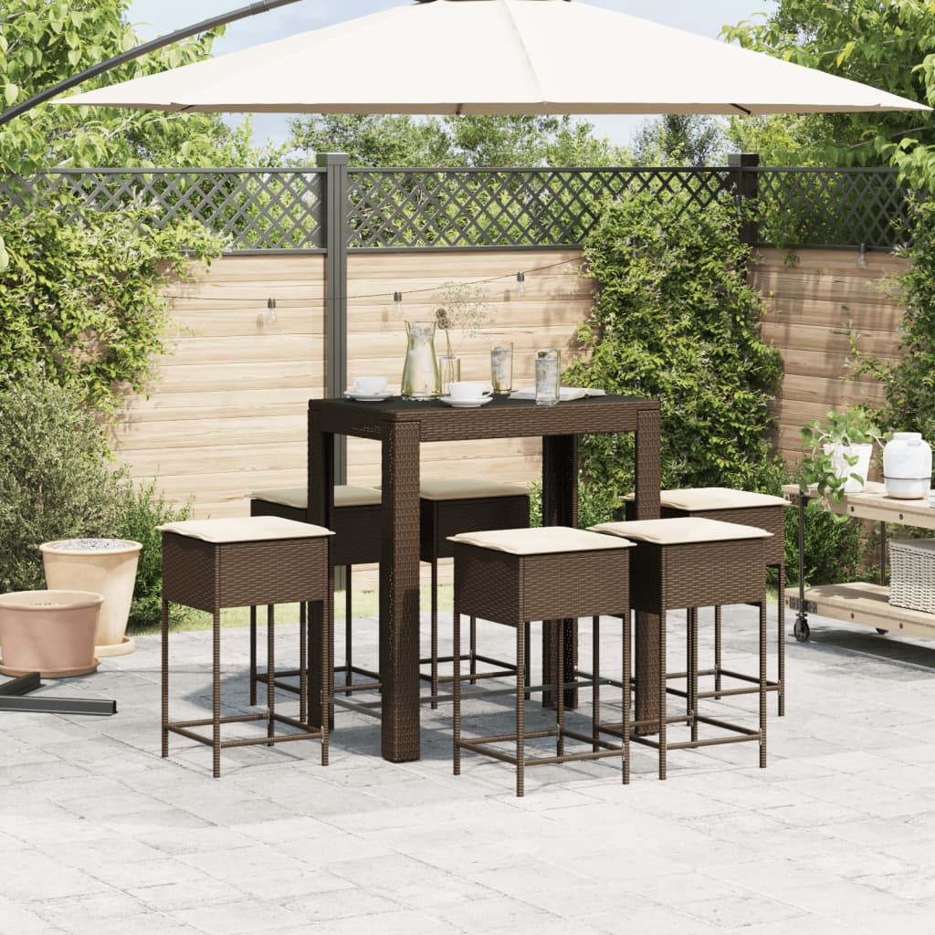 Ensemble de bar de jardin avec coussins 7 pcs marron poly rotin