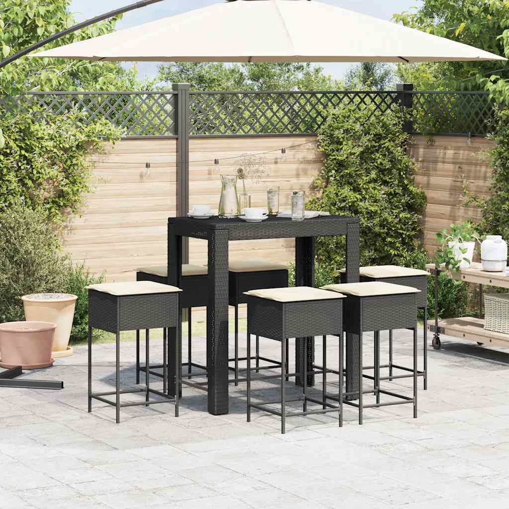 Ensemble de bar de jardin 7 pcs avec coussins noir poly rotin