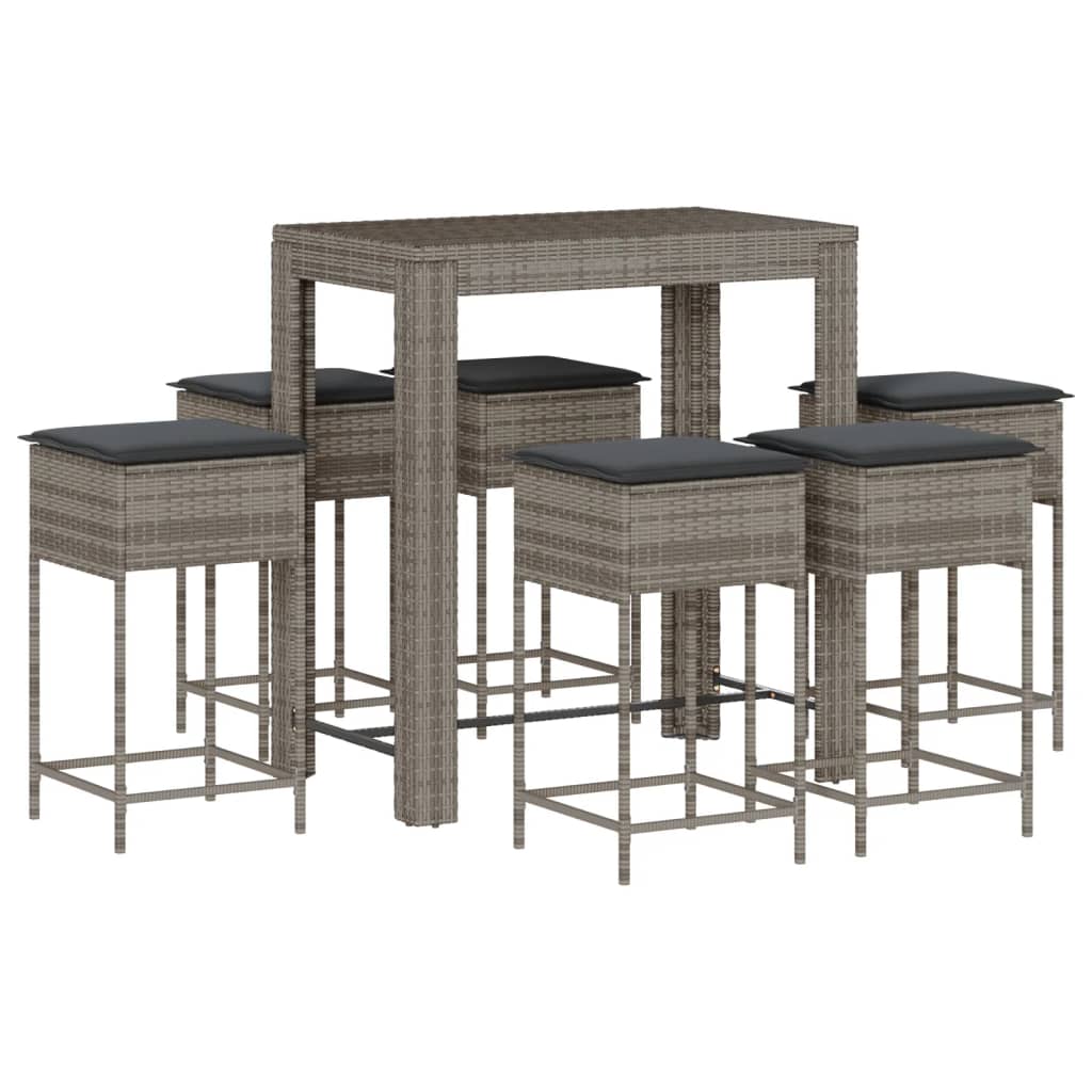 Ensemble de bar de jardin 7 pcs avec coussins gris poly rotin